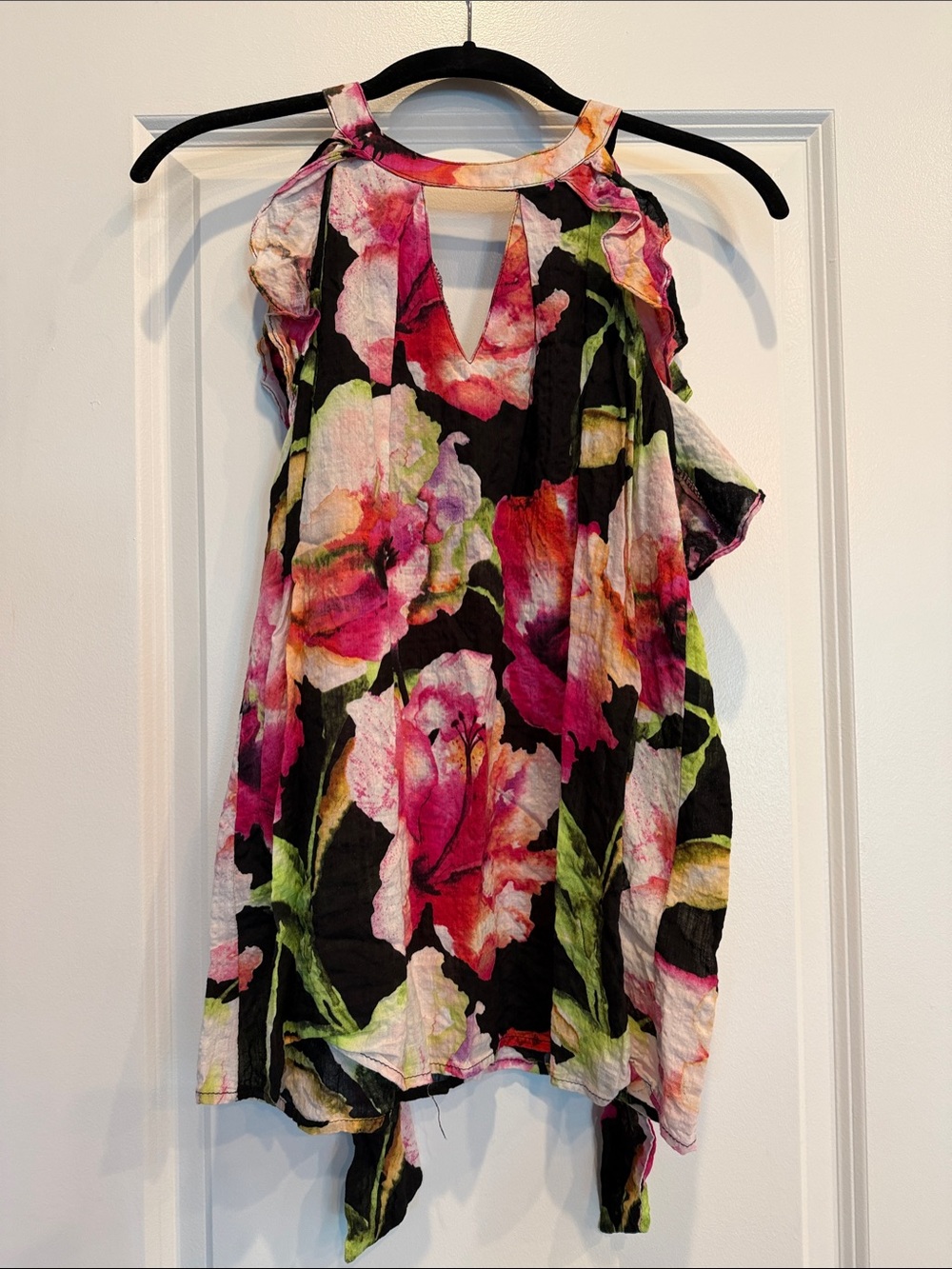 Umgee Black Floral Halter Tunic with Pink & Green Accents